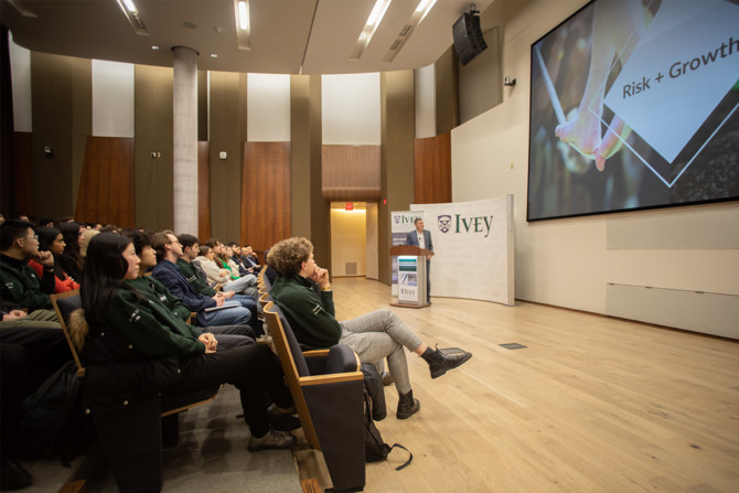 Mr. Tye Bousada speaking to Ivey Value Investing Students