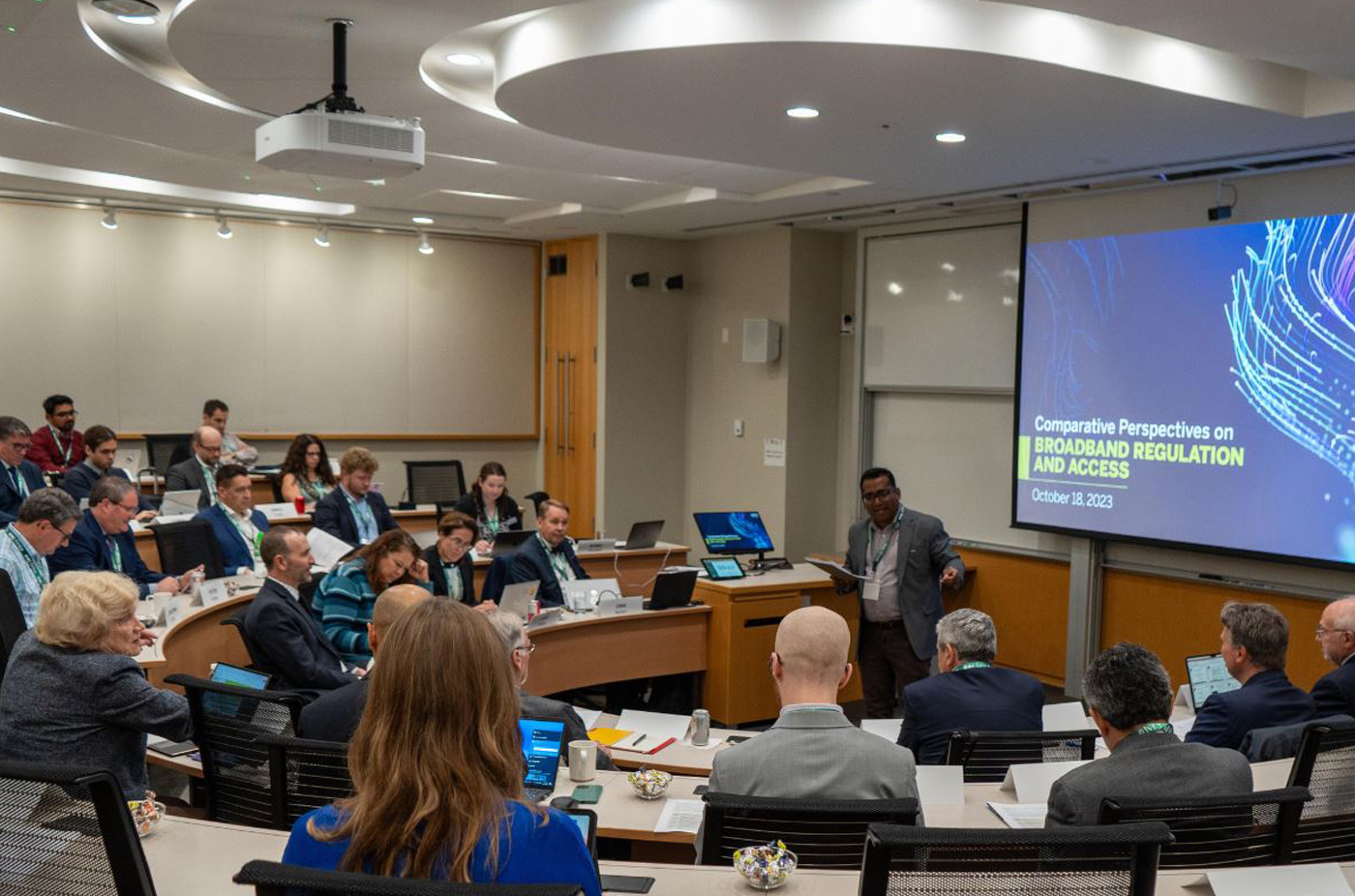Romel Mostafa; Assistant Professor of Business, Economics, and Public Policy; speaking at a workshop  called Comparative Perspectives on Broadband Regulation and Access at Ivey’s Toronto campus in October 2023.