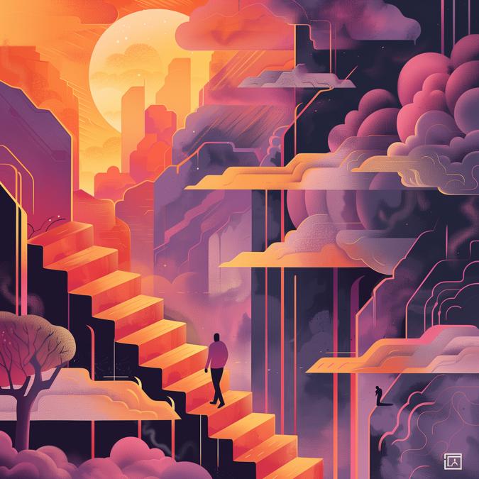 Illustration Person Climbing Staircase In Surreal Landscape