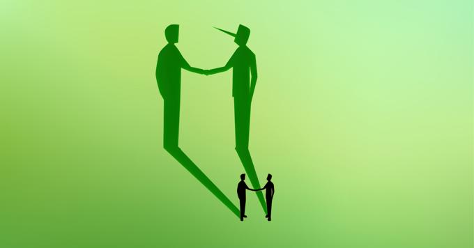 Graphic Of Two Figures Shaking Hands, With Shadows Cast Behind Them