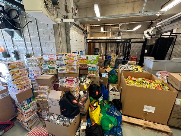 Some of the pallets of food items collected at Ivey