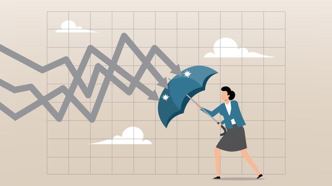 Graphic Of Business Woman Using Umbrella As Defense Of Market Dips (1)