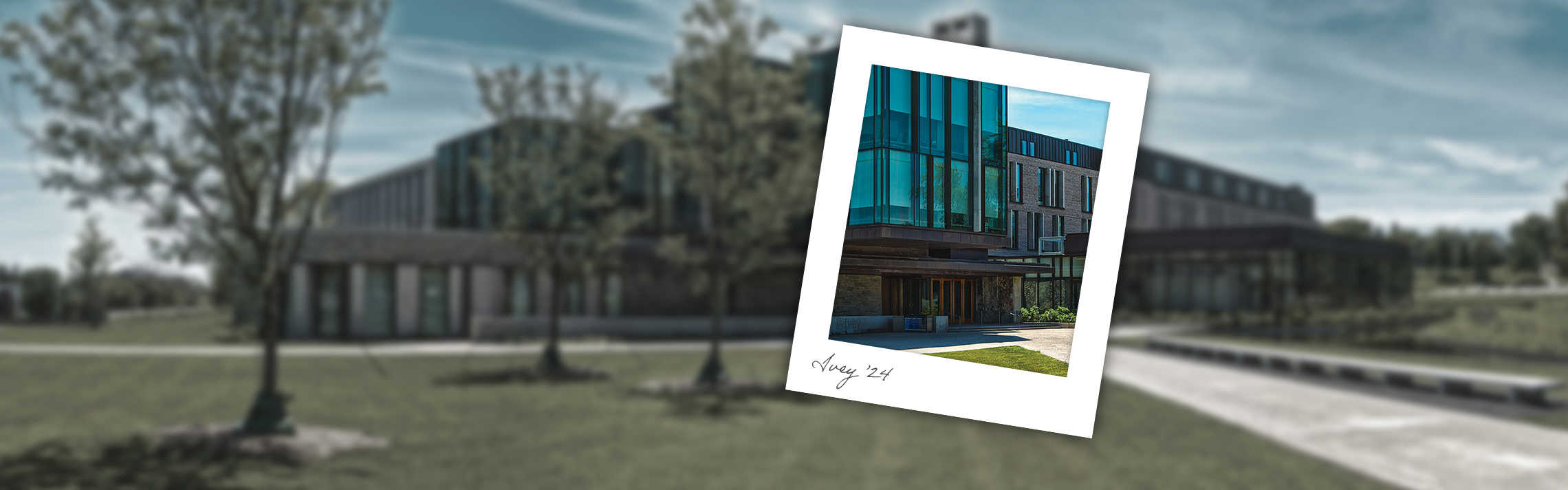 An exterior shot of the Ivey Business School with a polaroid photo over top.