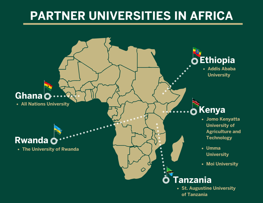 A map of Africa showing Ivey's partner universities under the Ubuntu Management Education Initiative.