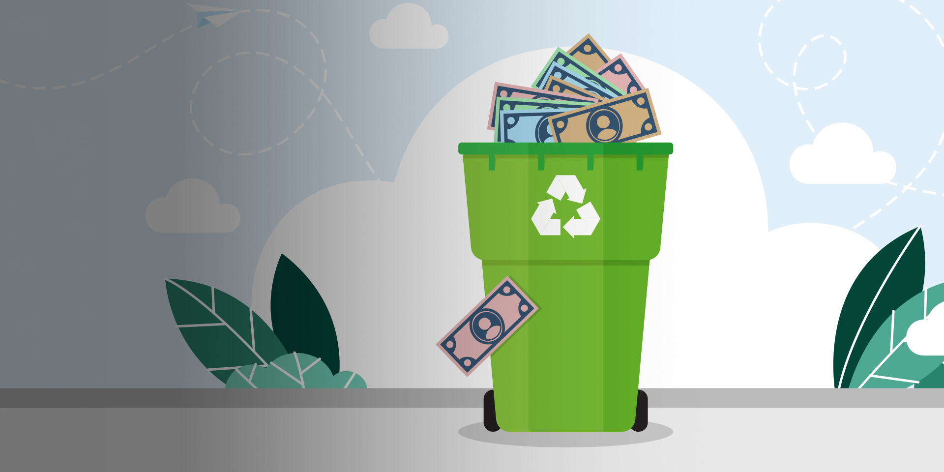 Vector image of a green bin overflowing with thrown out money